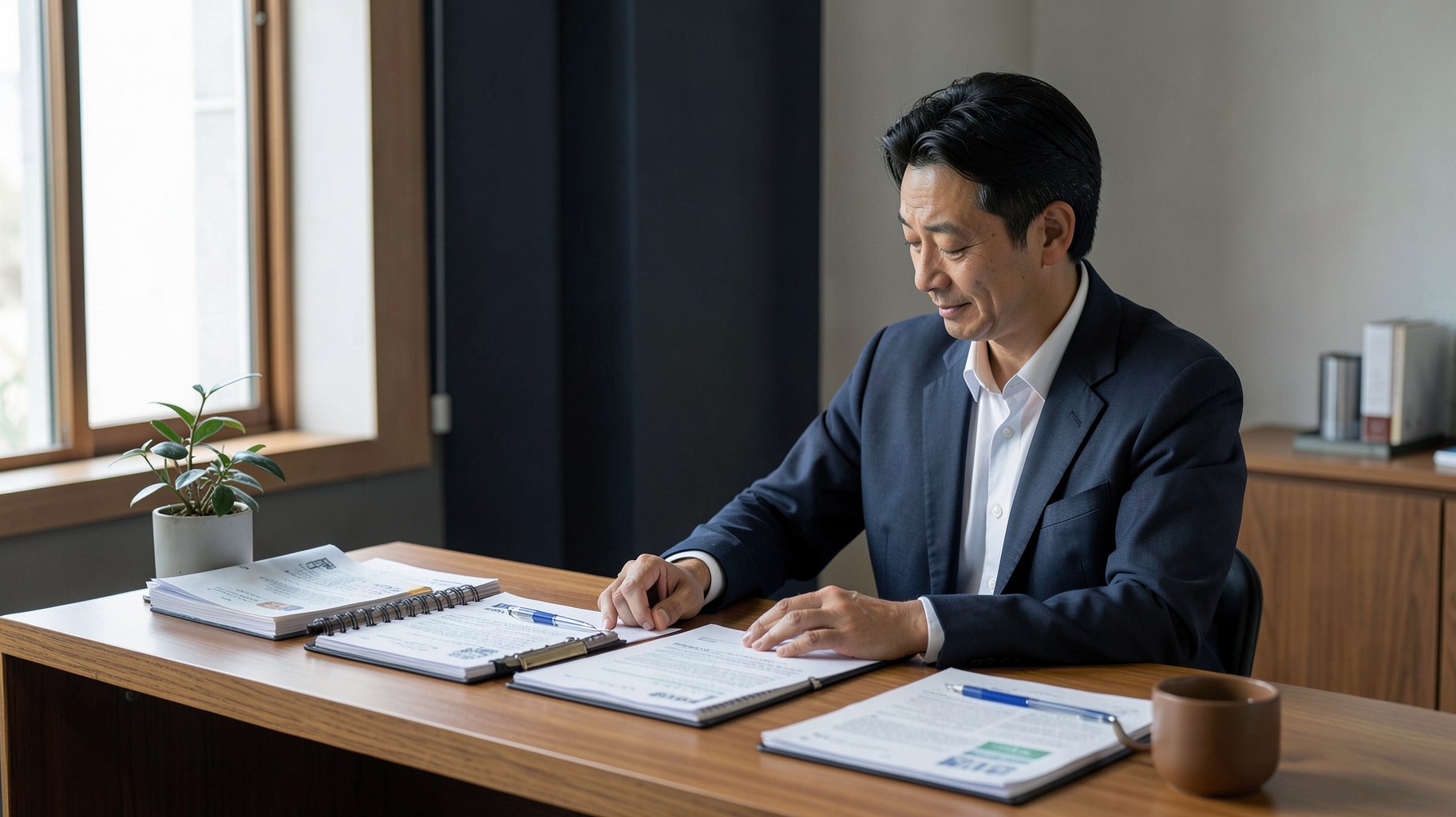 落ち着いた雰囲気の相談デスクに整然と並べられた保険書類と観葉植物