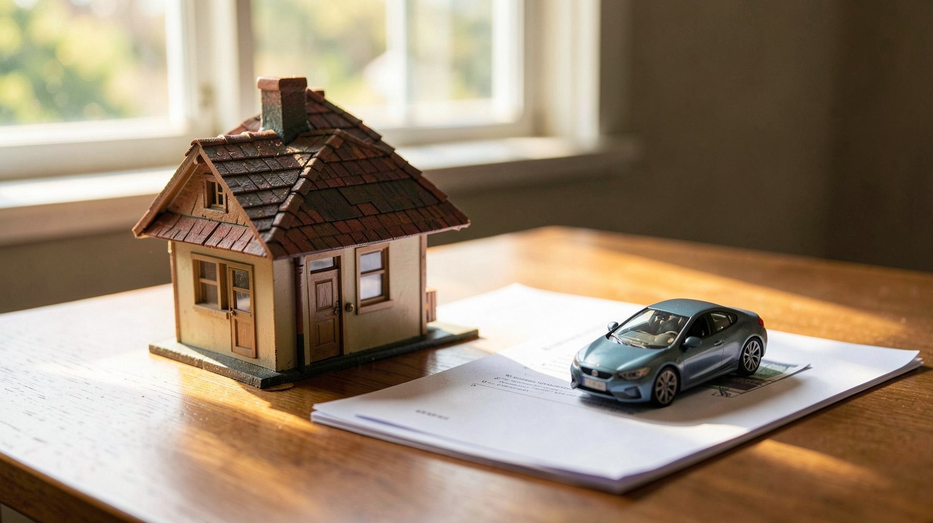 デスクに置かれた住宅模型と自動車のミニチュア、保険書類